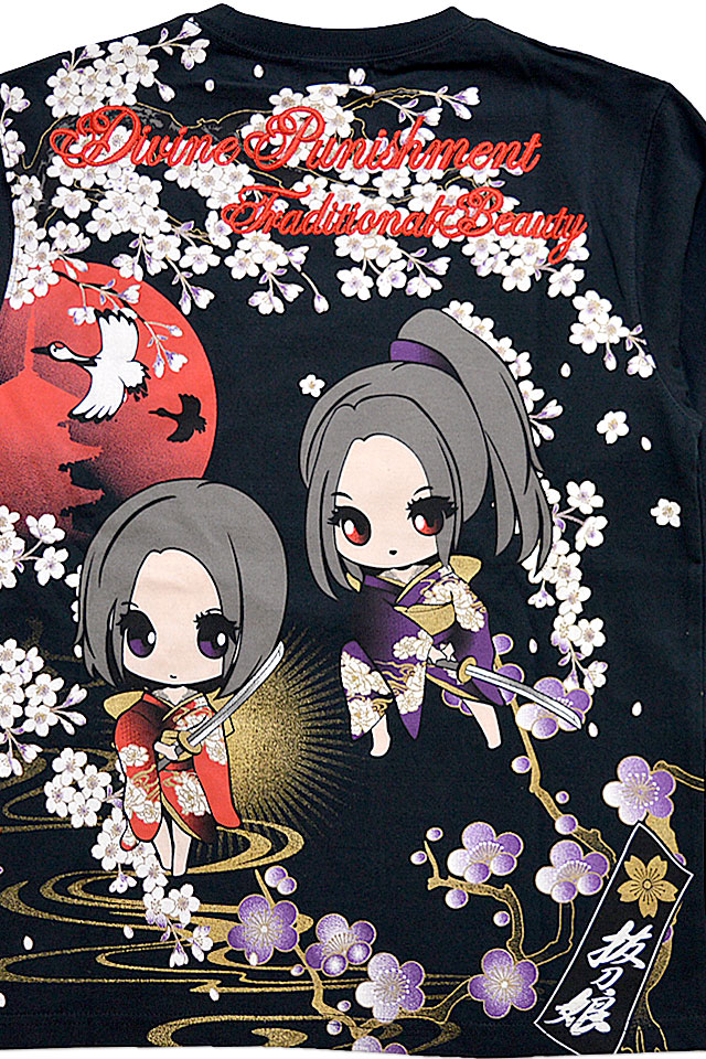 抜刀娘 ばっとうむちゅめロングtシャツ 抜刀娘 和柄 和風 刺繍 ディフォルメ 桜 流水 長袖tシャツ New Juripoint Com