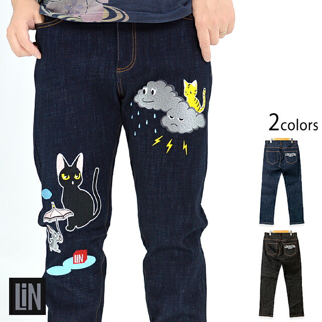 ラミ＆アール 雨が降ってきたジーンズズボン下 LIN AL-75123 刺しゅう デニム 黒猫 ねこ 猫 鼠 ユニ一発やる[new]