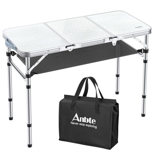 Anbte キャンプテーブル 折りたたみ式 アルミ製 90x40cm 3段階高さ調整可能, のキャンプの折りたたみ式テーブル、 持ち運び便利 ピクニック・アウトドア用 収納ネット＆収納袋付き 携帯用ピクニック テーブル 屋外