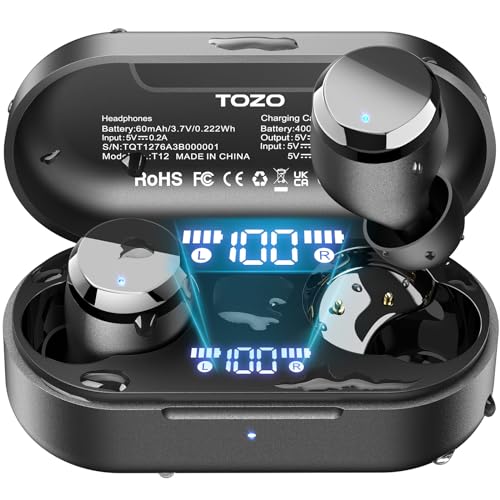 TOZO T12 ワイヤレスイヤホン 2025 極上の音体験 迫力かつ繊細な音 LEDディスプレイ電池残量表示 防水性能 ENCノイズキャンセリング カスタムEQ 専用アプリ対応 タッチ制御 最大55時間の再生 Bluetooth 自動ペアリング 瞬時接続 急速充電
