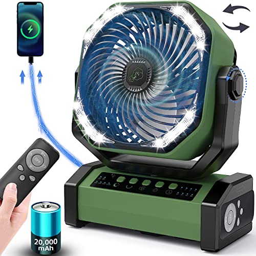【自動首振り＆20000mAh】 扇風機 キャンプ アウトドア 充電式ファン 充電式扇風機 コードレス リモコン付き 切タイマー ポータブル 小型 屋外 サーキュレーター 二重反転ファン 風力4段階 LEDライト 吊り下げ 強力送風 暑さ対策 アウトドア用