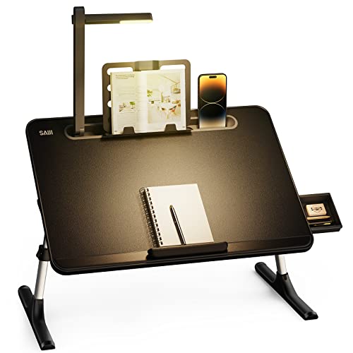 SAIJI ベッドテーブル LEDライト付け 3段明るさ調整 ミニテーブル 収納可能 折りたたみテーブル「安定性強化版」机 ローテーブル ノートパソコンスタンド PCテーブル ちゃぶ台 ブックスタンド付き 角度 高さ調整 引き出し付き 40kg荷重 小さいテーブル
