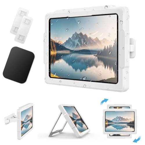 【2025版 大判強力マグネット】 MoKo タブレット防水ケース お風呂 マグネット&貼り付け＆卓上スタンド 3Way設置方法 前後伸縮・角度調整可能 360°回転 11インチまでのタブレット/スマホ兼用 壁掛け 耐水/防霧 強力粘着 高感度 タッチパネル操作可能