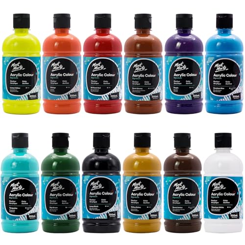 MONT MARTE シグネチャー アクリルカラーペイントセット 12 x 16.5オンス (500ml) セミマット仕上げ 12色 キャンバス 木材 生地 レザー ダンボール 紙 MDF クラフトに最適