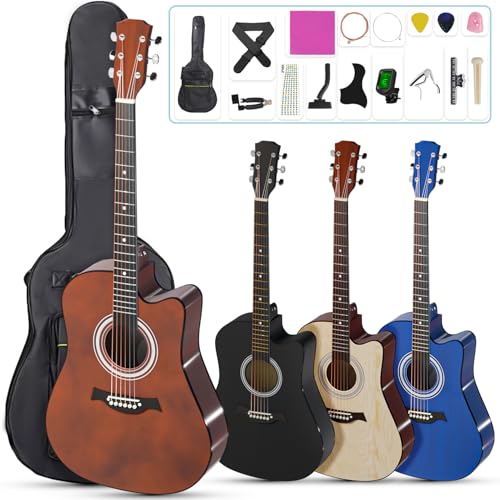 Moon River アコースティックギター 38インチ 初心者練習ギター 17点セット 初心者入門用 持ち運び便利 ギターストラップ、ソフトギターバッグ、マニュアル（日本語）付き 学生 大人通用(ブラウン)