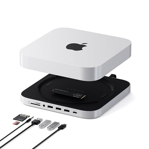 Satechi Mac Mini ハブ & スタンド NVME/SATA M.2用SSDエンクロージャー USB C 10Gbps USB A 3ポート 5/10Gbps 2.0オーディオジャック搭載 Mac Studio Mac Mini M2/M1 対応 (M4非対応) (シルバー)