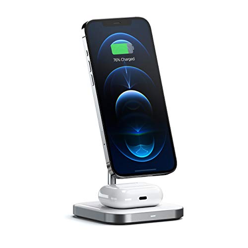 Satechi 軽銀 2-インチ-1 磁石式無線電話申し受ける照明ランプ ? iPhone 16 Pro Max/16 Pro/16/16 Plus iPhone 15 Pro Max/15 Pro/15/15 Plus AirPods Pro 2/1 AirPods Gen 3/2 相応う