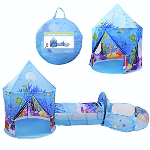 Floving テント子供用3in1 こどもてんと 3点セット 折りたたみ 設置簡単 子供テント Kids Tent キッズテント ボールプール 室内 プレイテントハウス ボールテント キャリーバッグ付き マリンワールド おままごと(ブルー)