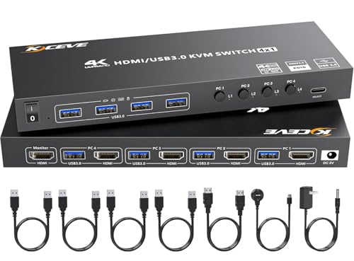KCEVE HDMI USB3.0 KVMスイッチ 4入力1出力 PC切替器 4K@60Hz EDID保持 4つUSB3.0ハブ備えた USB切替器 ワイヤレスキーボード、マウスをサポート ドライバ不要 手元スイッチ付き