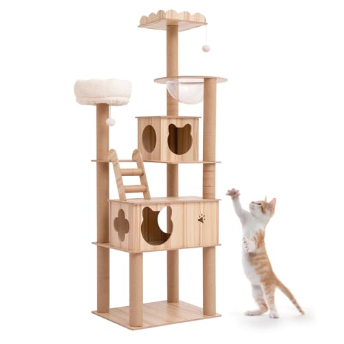 PETTOM キャットタワー 猫タワー 大型猫用 ねこハウス 木製 多頭飼い 据え置き 高い安定性 丸角設計 可愛いデザイン 省スペース (180cmタワー)