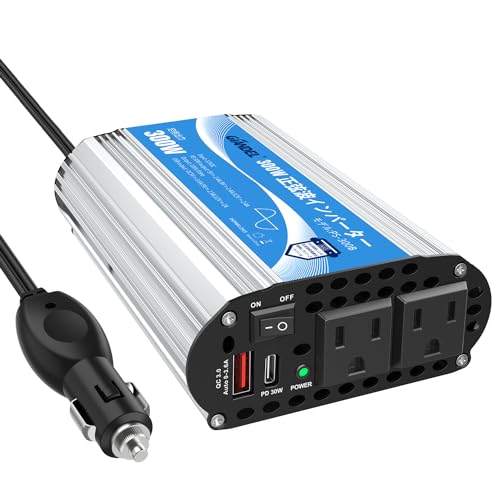 正弦波 300W カー インバーター 車載充電器 変換電源 DC12VをAC100Vに変換 55Hz 車載 インバーター QC3.0 USB-A & PD30W USB-C 超快速充電ポート シガーソケット 非常用品 防災用品 GIANDEL｜櫻屋オンライン店