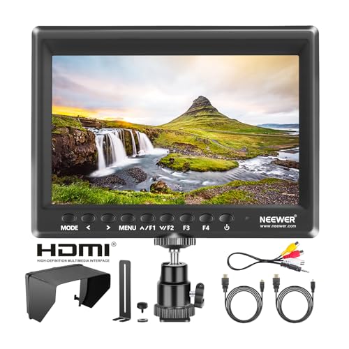 NEEWER F100 7インチ カメラフィールドモニター HD ビデオアシスト 超薄型 IPS 1280x800 HDMI入力 1080p サンシェードとミニボールヘッド付き DSLRカメラ、ハンドヘルドスタビライザー、フィルムビデオ作成に対応(バッテリー別売り)