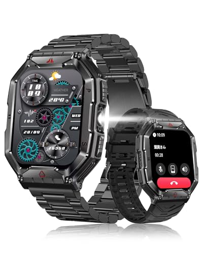 スマートウォッチ 2.1インチ超大画面【2025改良新型 2種バンド付き 腕の懐中電灯 軍用規格】Bluetooth5.3通話 コンパス搭載 気圧高度計 耐衝撃 1ATM防水 スポーツウォッチ 650mAh長持ちバッテリー 振動と着信音設定 腕時計 100+運動モード