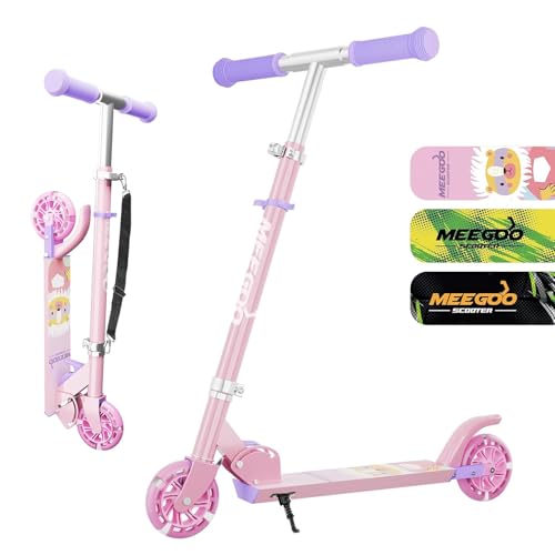 MEE GOO アルミキックスクーター キッズスクーター ライトアップ ABEC-7 LEDホイール&ステム&デッキ&自立スタンド付き 3段階調節ハンドルバー 女の子/男の子用 軽量プッシュキックスクーター お子さんへの最高のギフト (ピンク)
