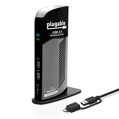 Plugable USB3.0 / USB-C 用ドッキングステーション 縦置き Windows および Mac 用 - デュアルモニター HDMI DVI VGA ポート ギガビット イーサネット USB3.0 ポートx2 USB 2.0 ポートx4 音声入出力
