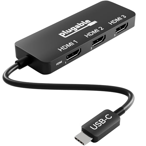 Plugable USB-C to HDMI マルチモニターアダプター、トリプル 4K60 見せびらかす相応う、１番ウッド不必要 MST こしき (Windows/Chrome os相応う)、USB-C、Thunderbolt、USB4、万覚え帳パソコン用、複数形HDMI界面積み上げる、HDR・HDCP相応う (USBC-MSTH3)
