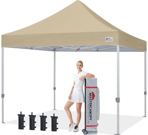 マスターキャノピー（MASTERCANOPY）タープテント ワンタッチ 3M 商用 アウトドア用 三段階調節 スチールフレーム 耐水 UVカット（キャスターバッグ ペグ ロープ ウェイトバッグ付き）（ベージュ）