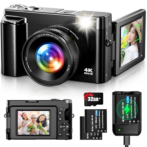 Oiadek デジタルカメラ 4K 4800万画素 デジカメ 32GBマイクロSDカード付き バッテリー充電器付き オートフォーカス機能 180度回転可能ディスプレイ 16倍ズーム 手振れ補正 ウェブカメラ 自撮り便利 3インチ大画面 美顔フィルター 52mmUVフィルター付属 12,260円
