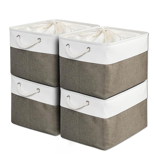 MiyabiLife 収納ボックス 収納バスケット 収納かご 4個セット 幅40×奥行30×高さ24cm 巾着式ふた付き 折りたたみ 大容量 収納ケース おしゃれ 天然綿麻 無臭 服/小物/衣類/CD/DVD/マンガ/書類/おもちゃ クローゼット収納箱 引き出し 取っ手付き