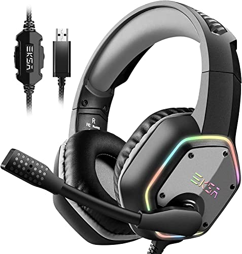 EKSA E1000 ゲーミングヘッドセットPS4/PS5/PC用USBゲーミングヘッドホン 50mmドライバー 7.1chサラウンドサウンドヘッドフォン プラグ&プレイ 単一指向性マイク ノイズキャンセリング 高遮音性イヤーカップオーバーイヤーヘッドホン