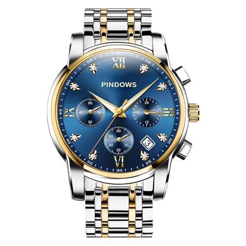 PINDOWSメンズ腕時計 ダイヤモンドビジネスドレスアナログクオーツ腕時計 高級防水ルミナスデイト ツトーンステンレススチールバンド クラシックファッションメンズウォッチ