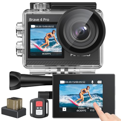 AKASO アクションカメラ 4K 20MP解像度 タッチパネル式 デュアルカラースクリーン 40M防水 水中カメラ 手ぶれ補正 外部マイク対応 WiFi搭載 HDMI出力 5倍ズーム リモコン付き 1350mAhバッテリー2個付 170度広角 ウェアラブルカメラ 豊富なアクセサリー