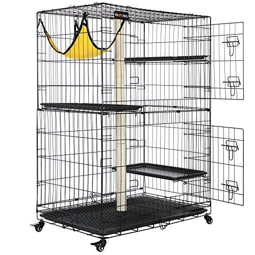 FEANDREA 猫用ケージ 大型 128×91×57cm 3階層 全段爪研ぎポール付き 脱走防止 多頭飼い ケージ 組立簡単 折り畳み式 移動便利 シンプル 猫のゲージ ゆらゆらハンモック（おまけ付き）PCC001B01