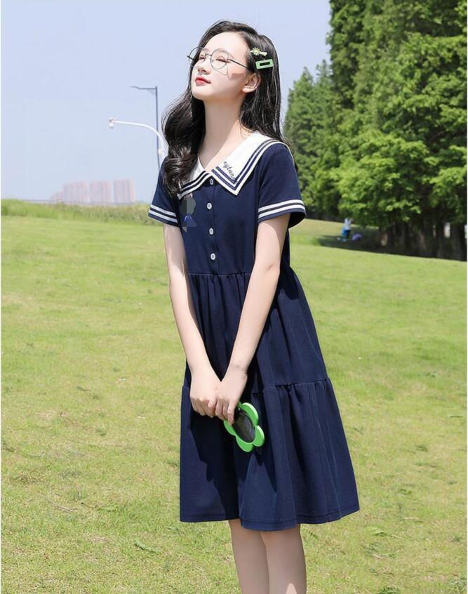 早割クーポン 2点セット 高校生 中学生 レディース トップ スカート 春服 夏服 可愛い 上品 エレガント 日常 二次会パーティードレス 通勤 ゆったり カジュアル ギフトスウィートネイビーネックドレス Qdtek Vn