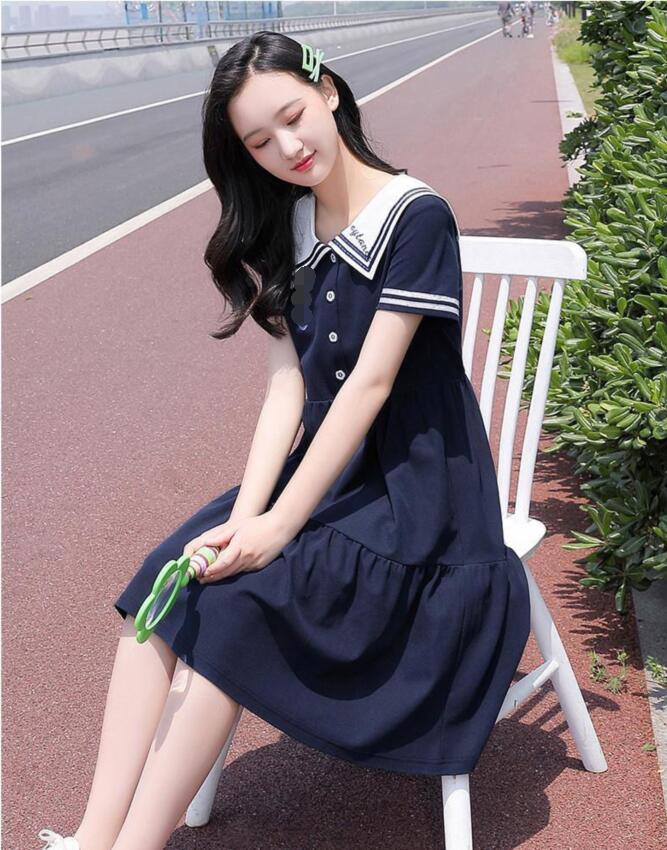 Web限定カラー 2点セット 高校生 中学生 レディース トップ スカート 春服 夏服 可愛い 上品 エレガント 日常 二次会パーティードレス 通勤 ゆったり カジュアル ギフトスウィートネイビーネックドレス Qdtek Vn