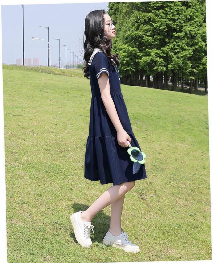 早割クーポン 2点セット 高校生 中学生 レディース トップ スカート 春服 夏服 可愛い 上品 エレガント 日常 二次会パーティードレス 通勤 ゆったり カジュアル ギフトスウィートネイビーネックドレス Qdtek Vn