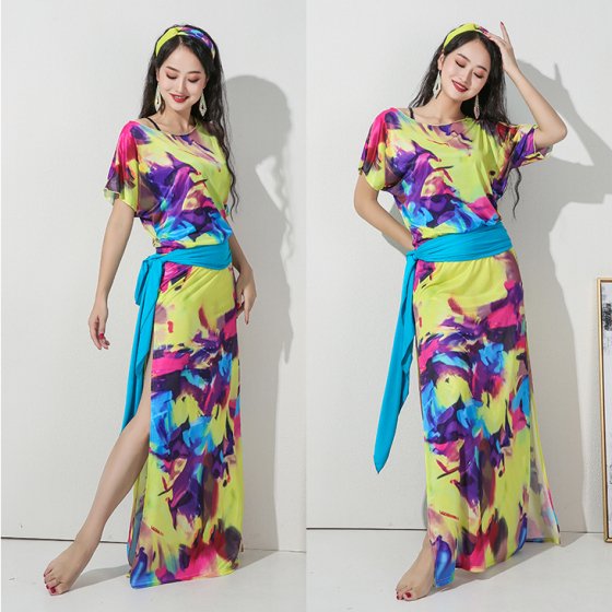 Baladi Shaabi Saidi プリント柄デザイン ドレス ヒップスカーフ ヘアバンド ショートパンツ4点セット 全3色 サイーディドレス ベリーダンス 衣装 コスチューム レッスンウェア レッスン着 ステージ 発表会 舞台 ドレス ミックスカラー ブルーヒョウ柄 イエローゼブラ