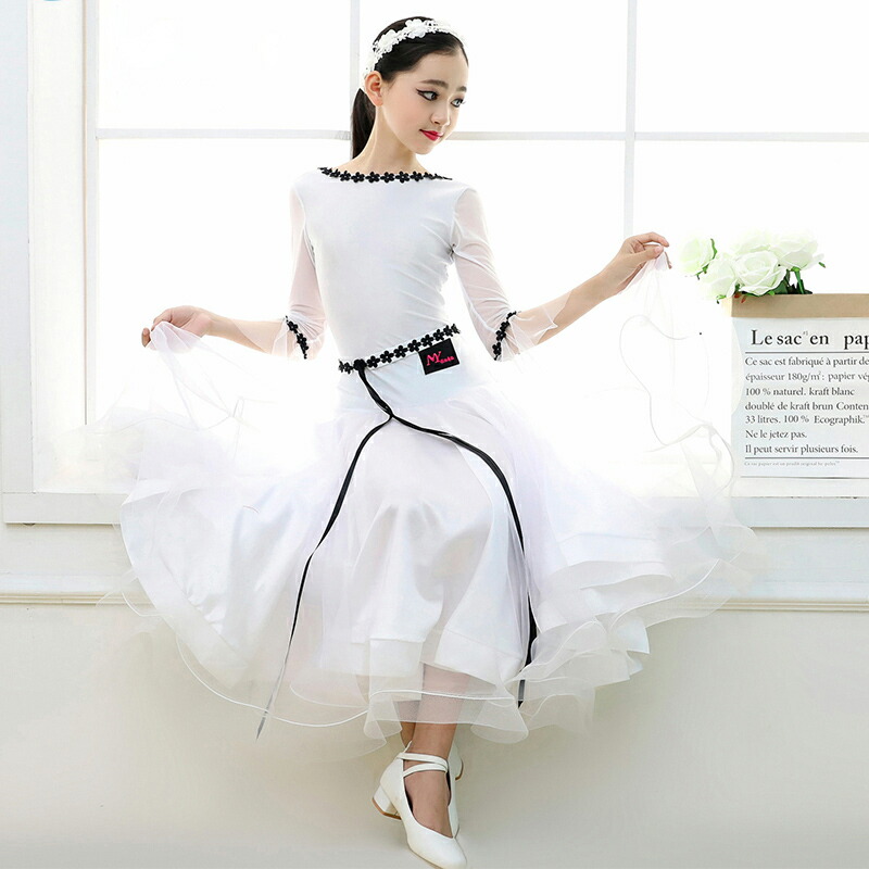 社交ダンス衣装 ドレス キッズ 子供 ワンピース 女の子 スタンダード シンプル 白 ホワイト Aライン プリンセスライン 七分袖 ベルスリーブ 花刺繍 上品 モダンドレス かわいい フリル シフォン チュールドレス ダンス大会 競技用ワンピース ラテン衣装 ラテンダンス