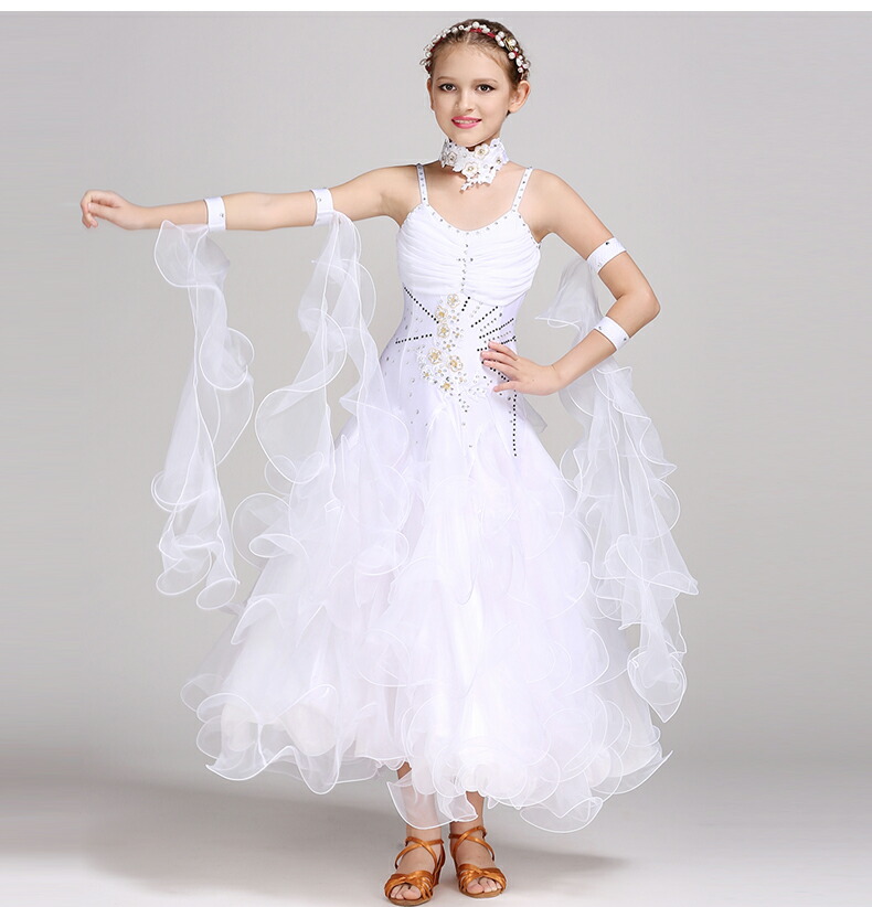 子供 社交ダンス衣装 ドレス キッズ ワンピース 女の子 白 ホワイト ピンク 緑 グリーン 赤 レッド Aライン キャミソールワンピース ノースリーブ 上品 キレイ かわいい 華やか ゴージャス 豪華 キラキラ フリル シフォン ダンス大会 競技用 ワルツ タンゴ ラテンダンス
