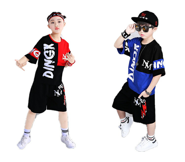 2点セット Tシャツ ハーフパンツ 子供用 キッズダンスウェア パンツ セットアップ ダンス大会 ダンス衣装 ヒップホップダンス ストリート系 スポーツ ウェア ブレイクダンス 練習着 レッスン用 ブラック ブルー レッド 半袖 チーム 男の子 RB ダンス服 最大54％オフ！