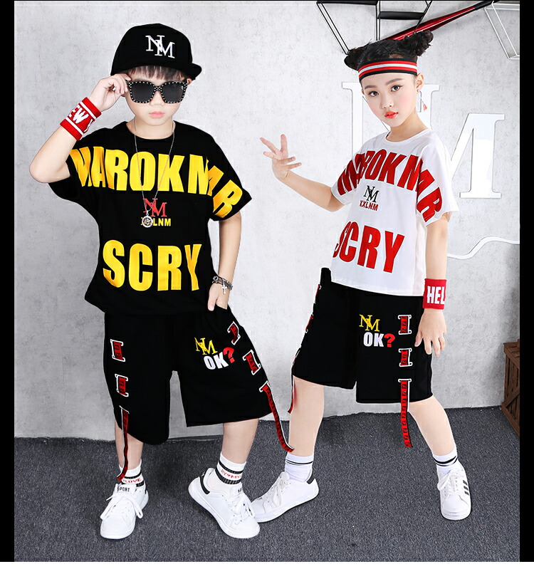 楽天市場 上下2点セット Tシャツ ハーフパンツ 子供服 キッズダンスウェア パンツ セットアップ ダンス大会 ダンス衣装 ヒップホップダンス ストリート系 スポーツウェア ブレイクダンス 練習着 ブラック ホワイト 半袖 チーム 男の子 女の子 R B ダンス服 トップス