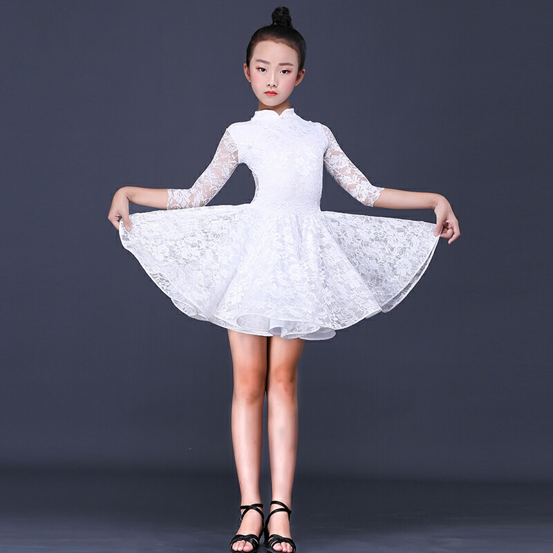 公式 バレエダンス衣装 子供 女の子 キッズ レース Aライン ホワイト フレアーワンピース ミニワンピース シンプル エレガント 上品 ダンスウェア イベント 舞台衣装 ワンピース ジャズダンス 社交ダンス 五分袖 七分袖 ダンス大会 発表会 サイズ 1 130 140 150 160