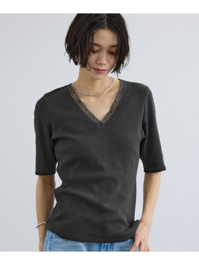 【SALE／40%OFF】【Angie La La for SALON】GENTLE intimate レースVネックプルオーバー SALON adam et rope' サロン アダム エ ロペ トップス カットソー・Tシャツ グレー ホワイト【RBA_E】【送料無料】[ Fashion]｜サロン アダム エ ロぺ