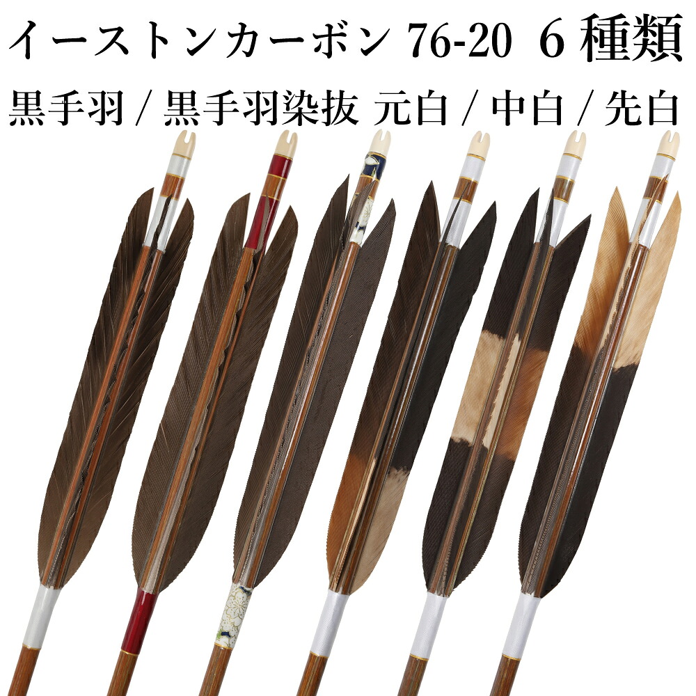 黒手羽 染抜 元白 先白 イーストンカーボン 76-20 6本組 （ハギ糸 白・11（赤系）・W-74 ） 推奨弓力 10～14kg 商品番号 D-1783 弓道 矢 山武弓具店 送料無料