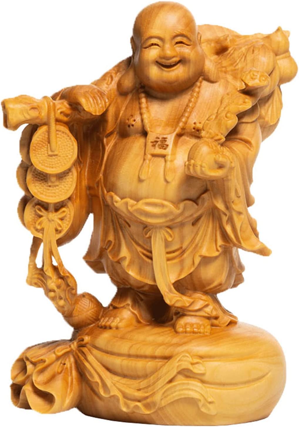 仏像 木彫り ミニ 七福神 飾りつけ 布袋 御膳上等生まれながらツゲ木彫り 布袋様 風水 (高さ10糎)