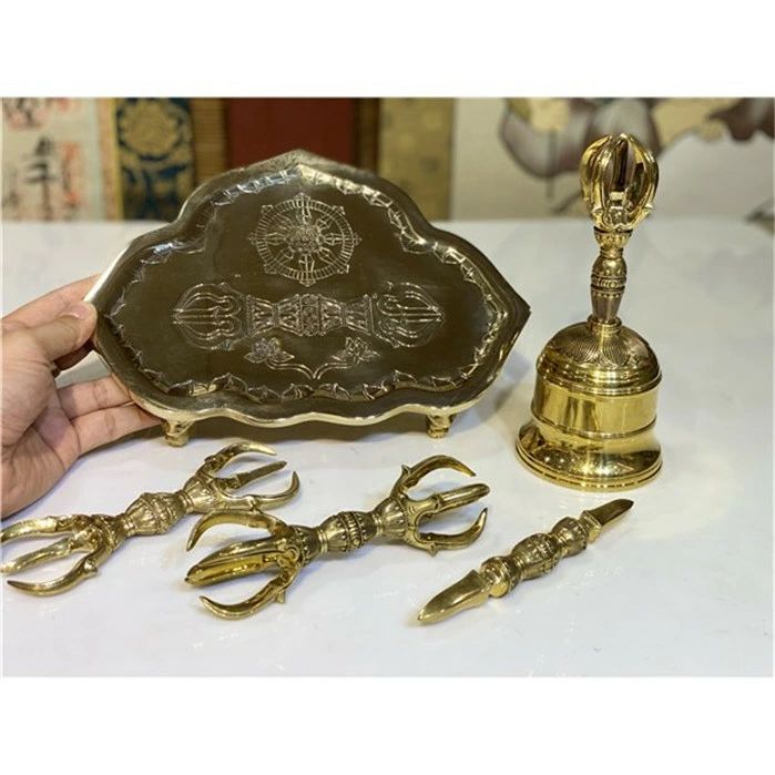 高品質 手作りの技術者☆密教 法具 前具 金剛石鈴 金剛石盤 五鈷杵 三鈷杵 独鈷杵 ５点書き割り 【大号】 極雅びやか お寺さま用
