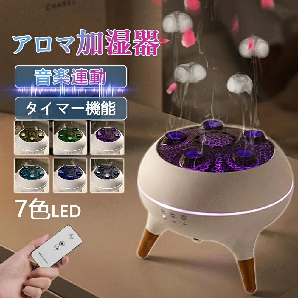 【2025新品●音楽連動】アロマ 加湿器 超音波 卓上 クラゲ アロマディフューザー 睡眠リラックス加湿器 リモコン付き 7色LEDライト付き