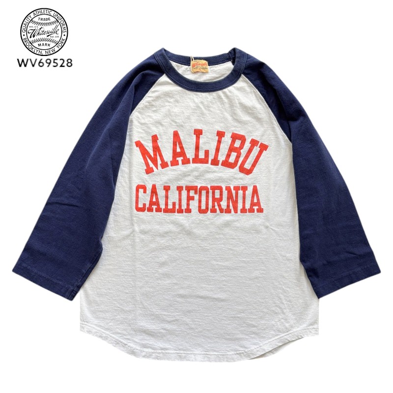 【WHITESVILLE】 ホワイツビル WV69528 MARIBU CALFORNIA 18番手 ベースボールボールTシャツ 七分袖 ラグラン Tシャツ 日本製 半袖 東洋エンタープライズ アメカジ