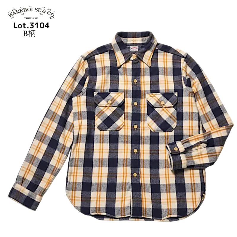【WAREHOUSE】 ウエアハウス Lot 3104 FLANNEL SHIRTS B柄 ONE WASH ネルシャツ フランネルシャツ ワンウォッュシュ ネイビー アメカジ
