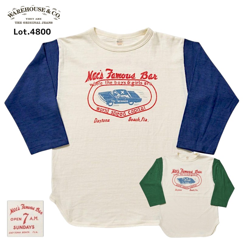 【WAREHOUSE】 お召しもの棲み家 4800 7分袖 野球T MAC\u0027s FAMOUS BAR プルオーバー 皮膚軟化剤 米国海軍 緑であること