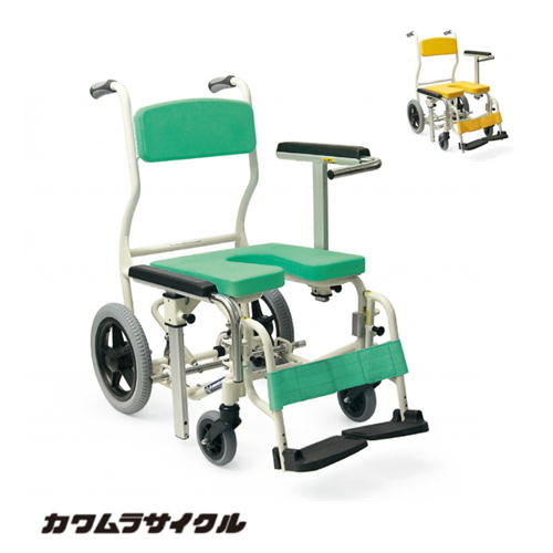 (カワムラサイクル) 入浴用車椅子 シャワーキャリー KS12(クリありシート) お風呂 シャワー用 介助式 種類 脚部スイングアウト 座・背もたれシート脱着式 自宅 病院 施設 デイサービス イエロー/グリーン KAWAMURA｜介護shop　サンアイ