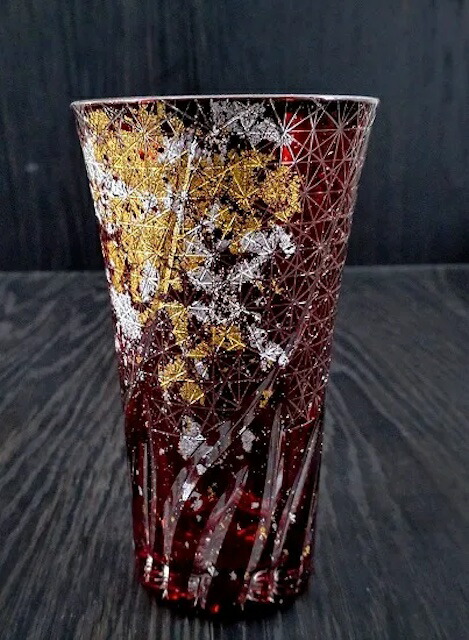 グラス・カップ・タンブラー箔舞切子　400ml　約高さ14.8センチ　ガラス食器　食洗機対応　塗り工房ふじい　箔舞切子　金箔　KR(G)-024-R