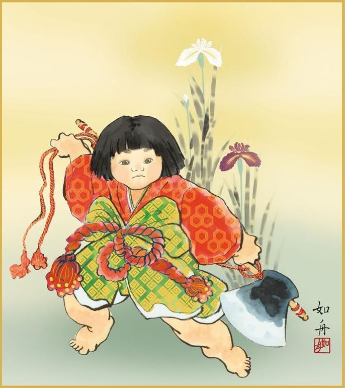 【童陣営合戦図】玉盈 714 端午の節句 金太郎　掛け軸　肉筆 童陣営合戦図】玉盈 714 端午の節句 金太郎 掛け軸 肉筆 絵画