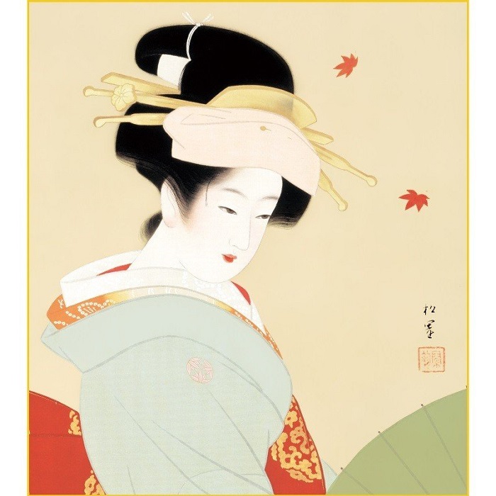 上村松園 『 お万の図 』 美人画 名品 複製 色紙 希少 茶道具 美品です。 上村松園 『 お万の図 』 美人画 名品 複製 色紙 希少 茶道具 美