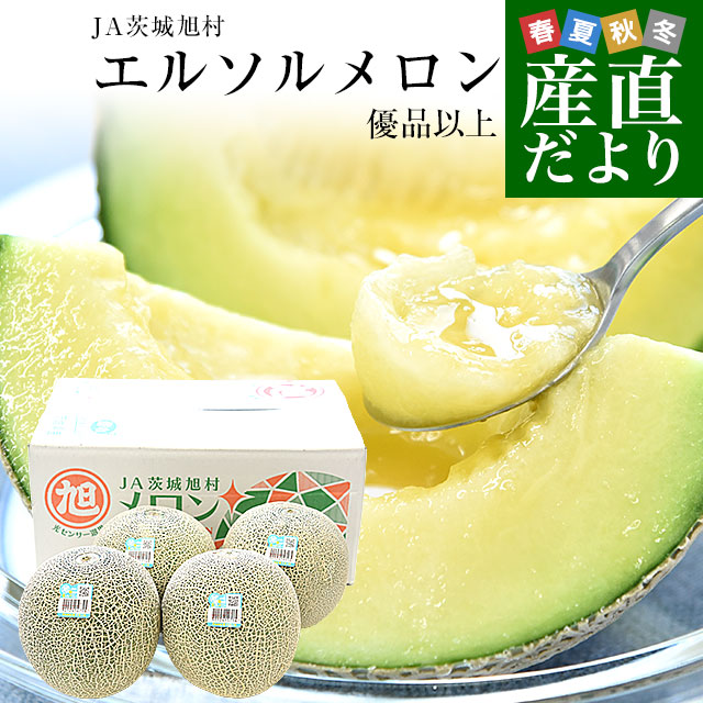 茨城県産 JA茨城旭村 エルソルメロン 優品以上 大玉 4Lから3Lサイズ 約5キロ （3玉から4玉） 送料無料 メロン めろん 青肉メロン