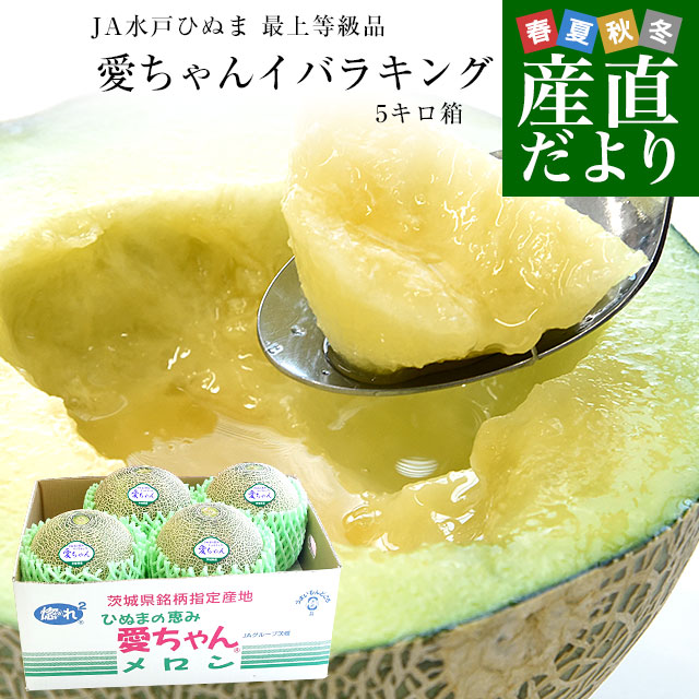 茨城県より産地直送 JA水戸ひぬま 最上等級品 愛ちゃんイバラキングメロン 4Ｌから3Ｌサイズ 5キロ箱 (3玉から4玉) 送料無料 メロン めろん